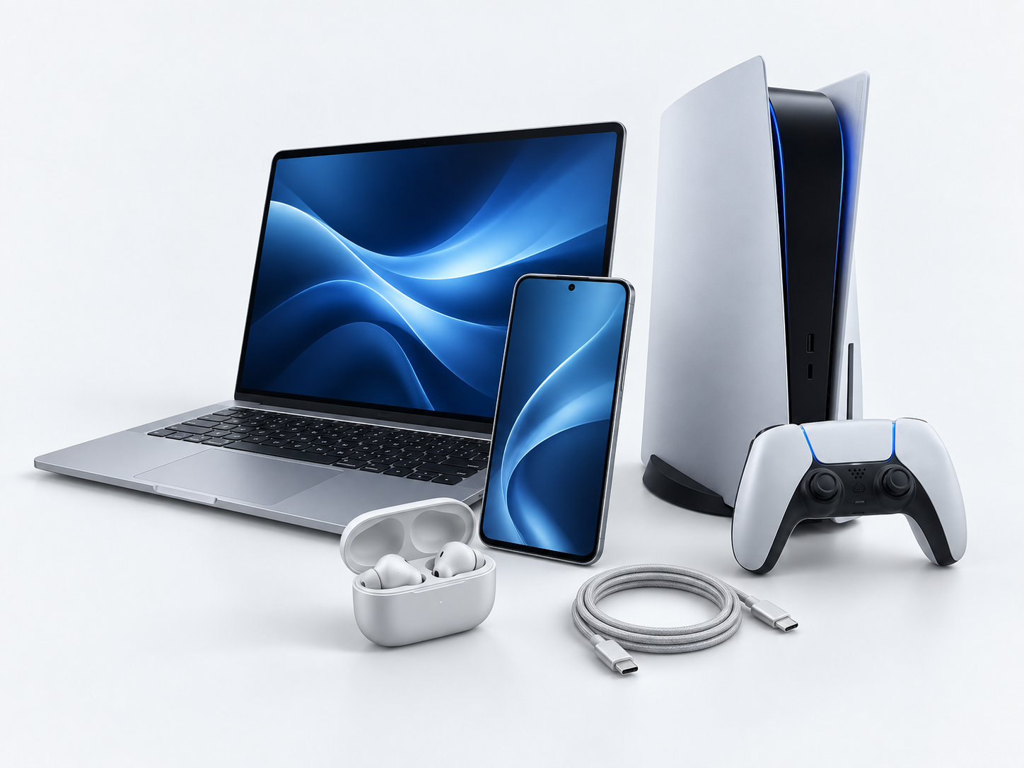Render 3D di smartphone, computer portatile, console, controller e accessori