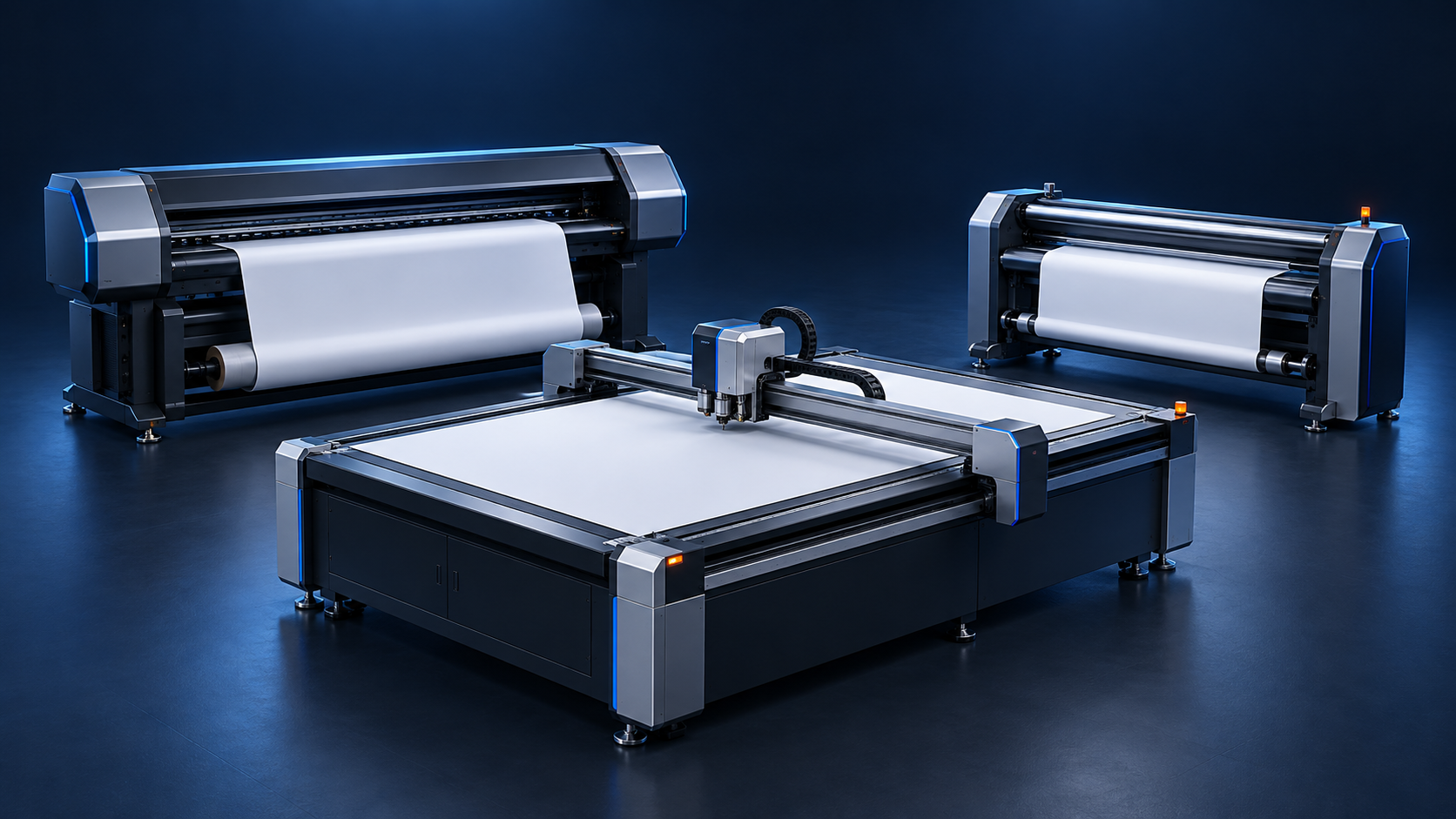 Illustrazione di un plotter da stampa, un tavolo da taglio digitale e un plotter da taglio in bobina